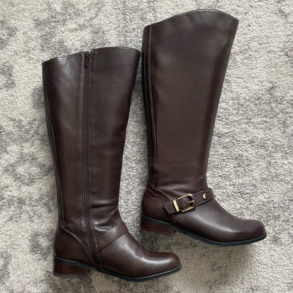 Me Too Brown Leather Wide Calf Knee High Riding Boot